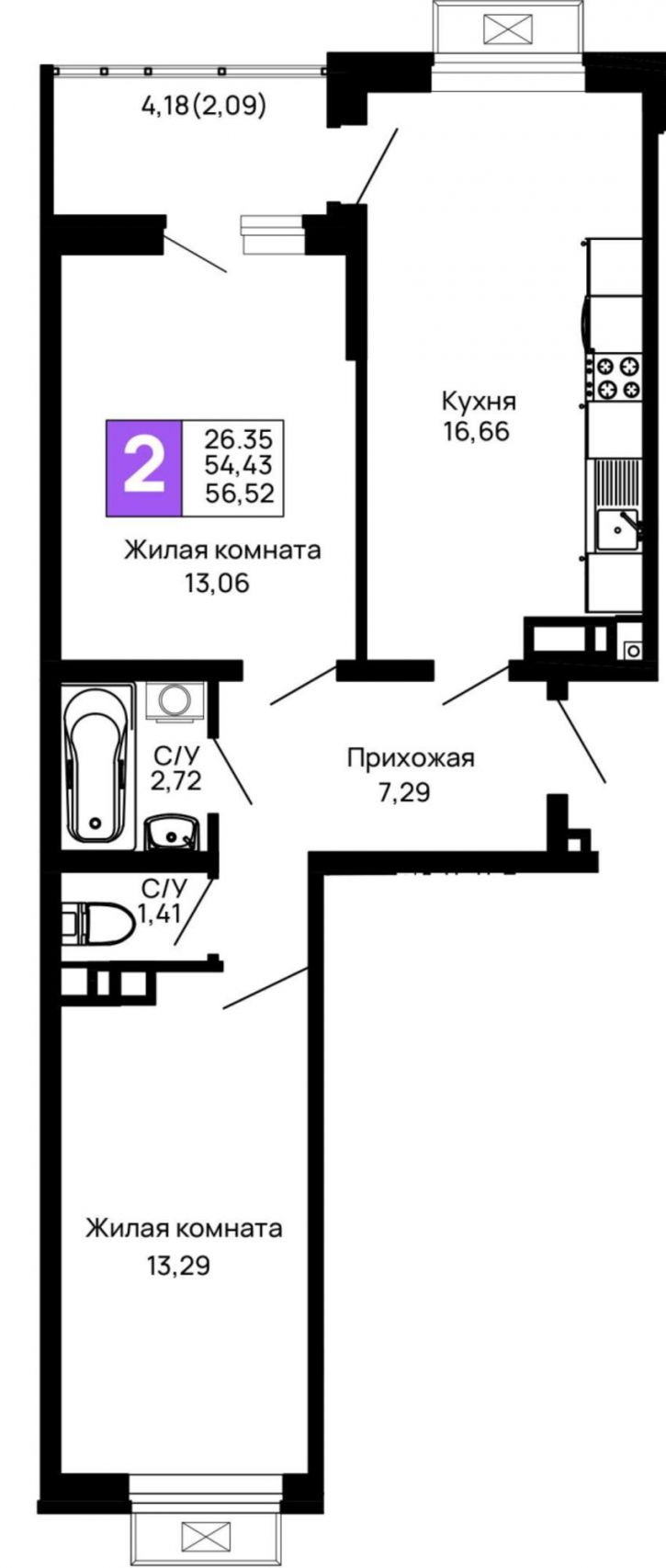 2-комн квартира в новом доме Авиационный переулок, д.1