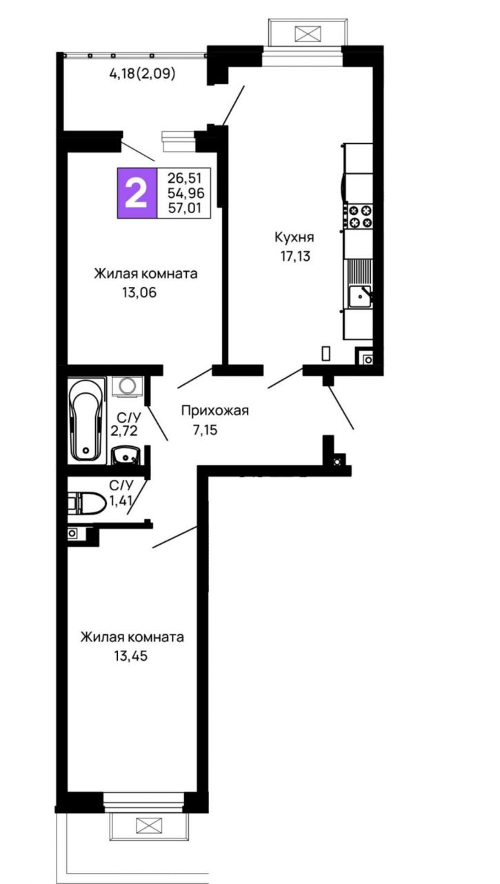 2-комн квартира в новом доме Авиационный переулок, д.1