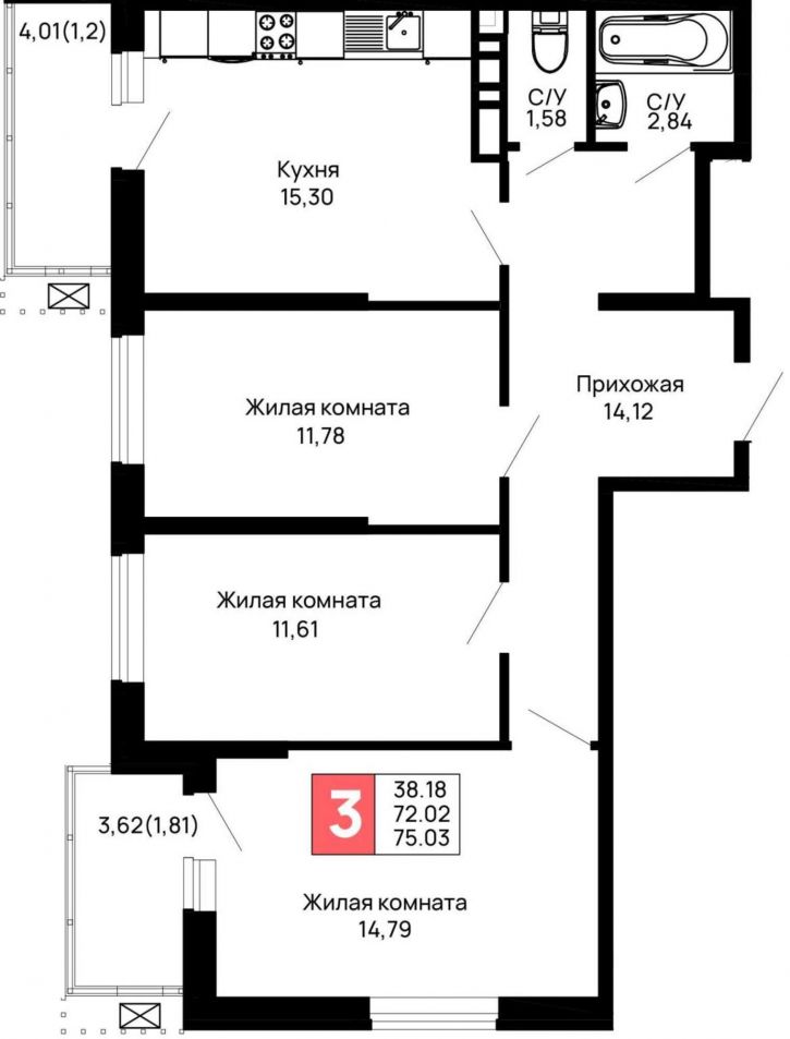 3-комн квартира в новом доме Авиационный переулок, д.1