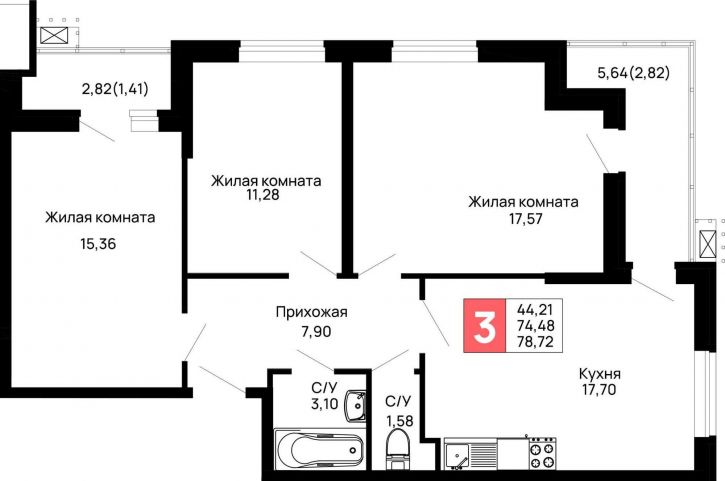3-комн квартира в новом доме Авиационный переулок, д.1