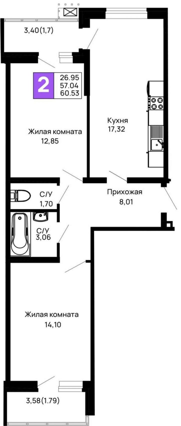 2-комн квартира в новом доме Авиационный переулок, д.1