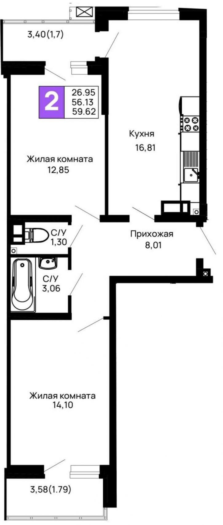 2-комн квартира в новом доме Авиационный переулок, д.1