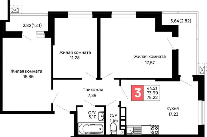 3-комн квартира в новом доме Авиационный переулок, д.1
