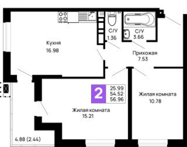 2-комн квартира в новом доме Авиационный переулок, д.1