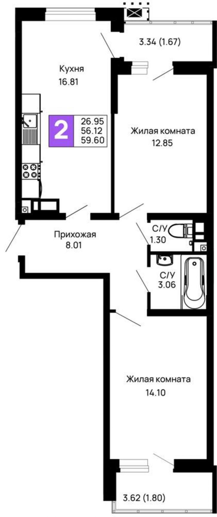 2-комн квартира в новом доме Авиационный переулок, д.1