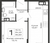 1-комн, 35.83 кв м, этаж 13/16 Авиационный переулок, д.1