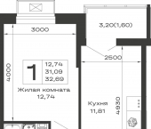 1-комн, 32.69 кв м, этаж 13/16 Авиационный переулок, д.1