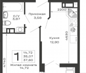 1-комн, 37.6 кв м, этаж 5/16 Авиационный переулок, д.1