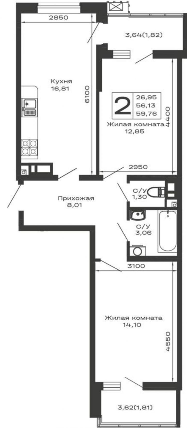 2-комн квартира в новом доме Авиационный переулок, д.1