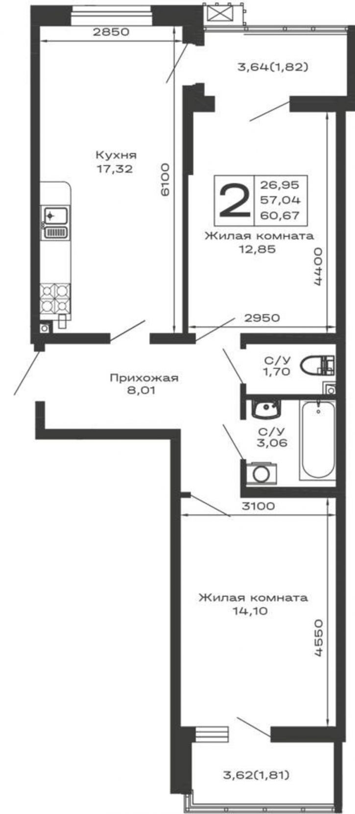 2-комн квартира в новом доме Авиационный переулок, д.1