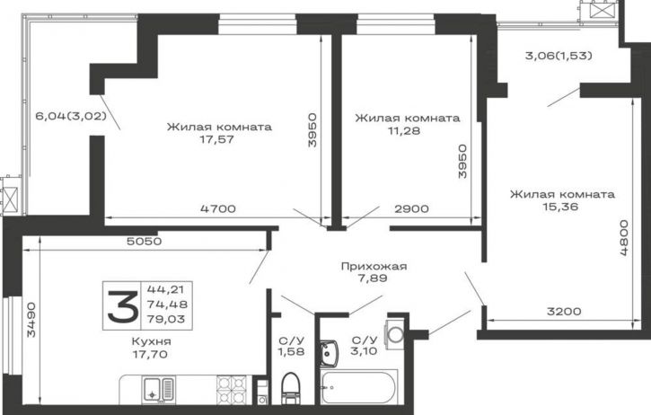 3-комн квартира в новом доме Авиационный переулок, д.1