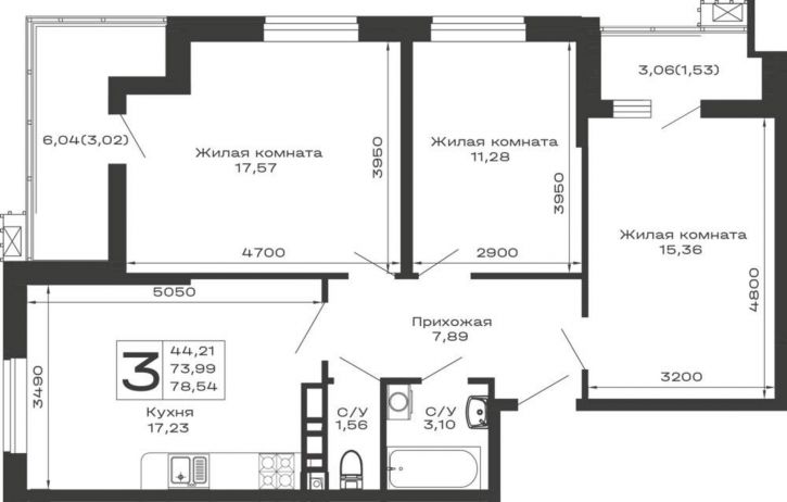 3-комн квартира в новом доме Авиационный переулок, д.1