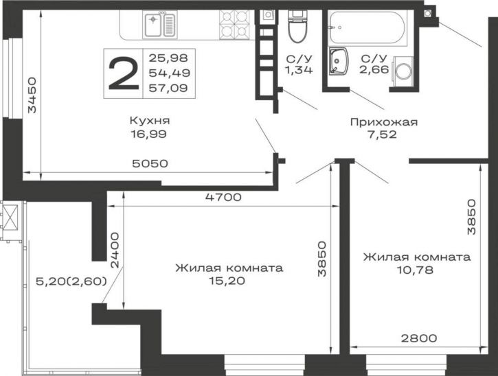 2-комн квартира в новом доме Авиационный переулок, д.1