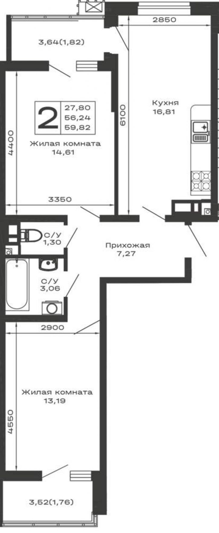 2-комн квартира в новом доме Авиационный переулок, д.1