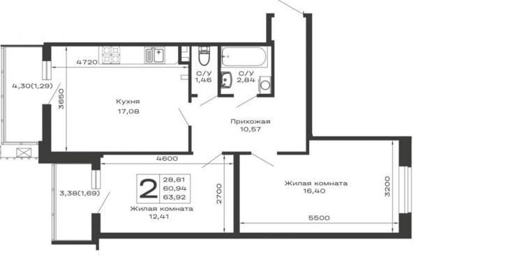 2-комн квартира в новом доме Авиационный переулок, д.1