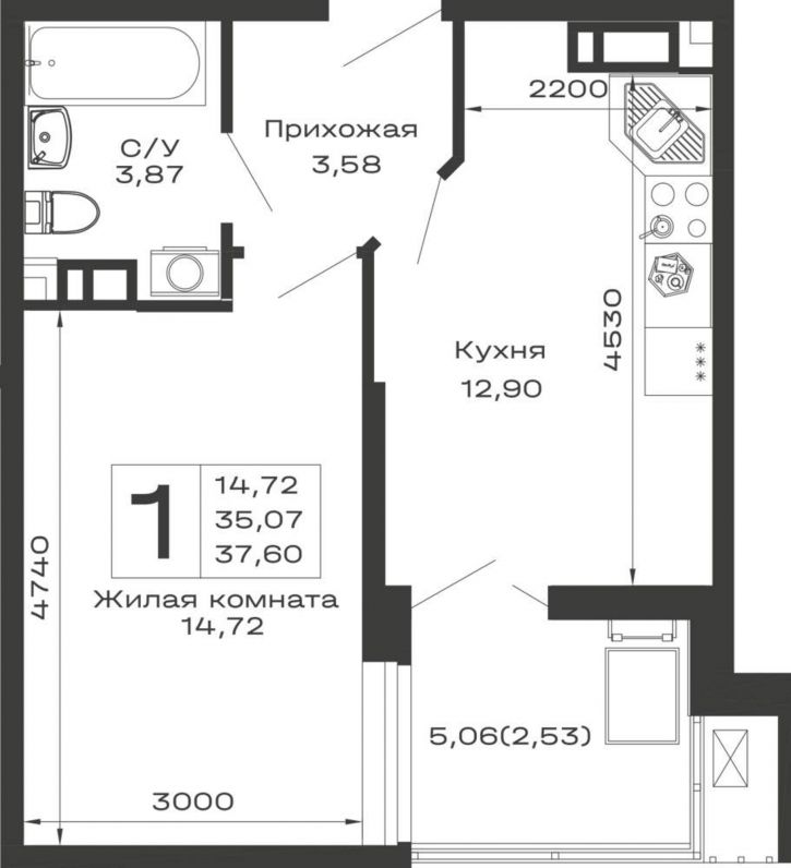 1-комн квартира в новом доме Авиационный переулок, д.1