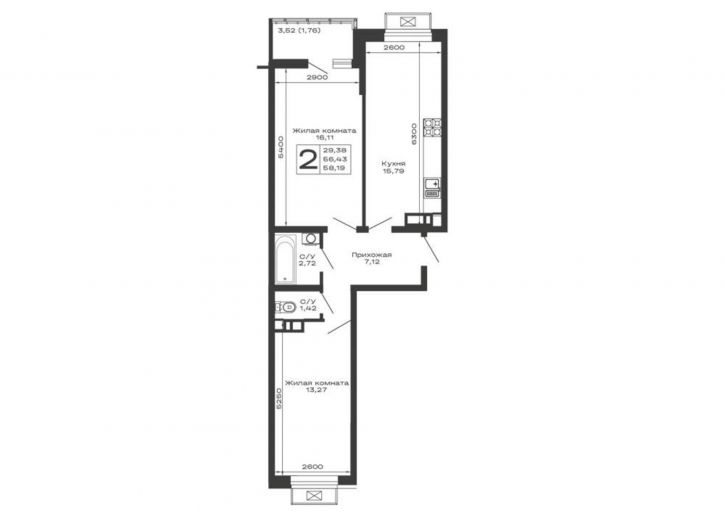 2-комн квартира в новом доме Авиационный переулок, д.1