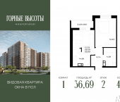 1-комн, 36 кв м, этаж 2/14 ЖК Горные Высоты