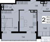 2-комн, 52 кв м, этаж 5/16 улица 9 Мая, 14