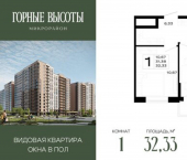 1-комн, 32 кв м, этаж 14/16 Республика Адыгея (Адыгея), ЖК Горные Высоты