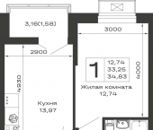 1-комн, 34.83 кв м, этаж 13/16 Авиационный переулок, д.1