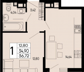 1-комн, 36 кв м, этаж 8/16 улица 9 Мая, 14
