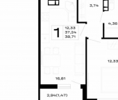 1-комн, 39 кв м, этаж 12/14 Республика Адыгея (Адыгея), ЖК Горные Высоты