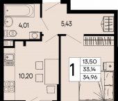 1-комн, 34 кв м, этаж 2/16 улица 9 Мая, 14